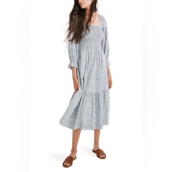 Madewell Lucie Elbow-Sleeve Smocked Midi Dress in Sunflower Field - Picture 8 of 10